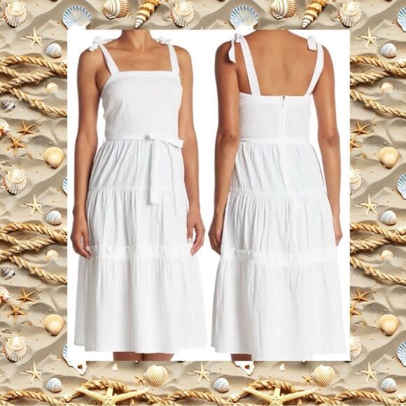 Topshop Dresses & Skirts - Topshop White Pintuck Tie Shoulder Tiered Hem Beachy Summer Casual Midi Dress